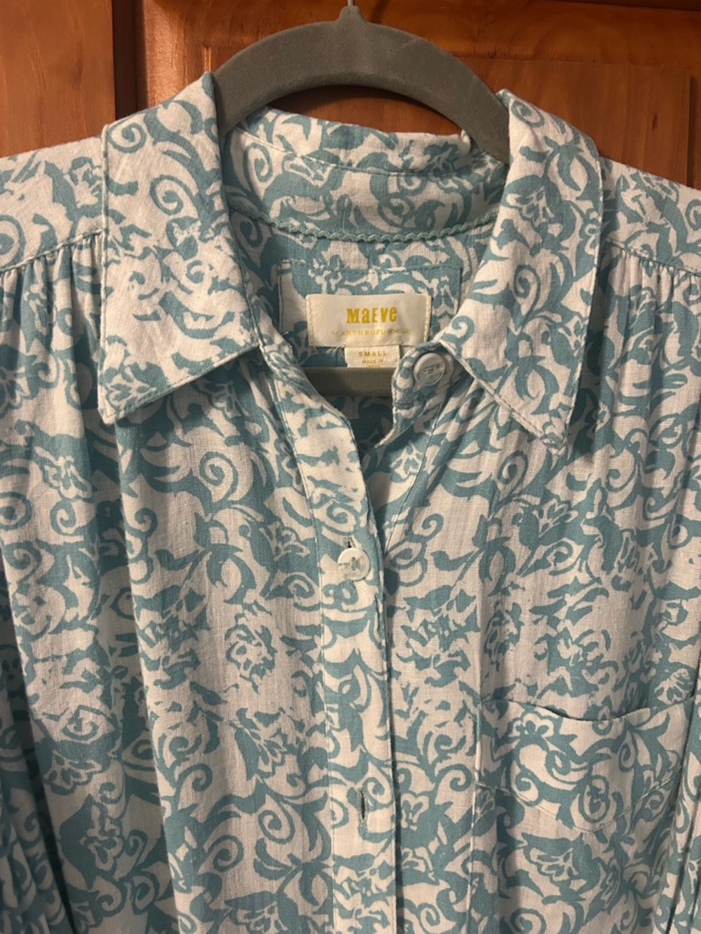 Maeve Aqua & White Floral Scroll Button-Up Shirt DRESS
